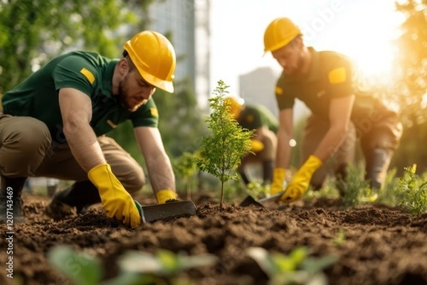 Fototapeta A team of environmental workers diligently plants young trees in a lush, green landscape. This reforestation effort signifies a strong commitment to sustainability and ecological restoration.