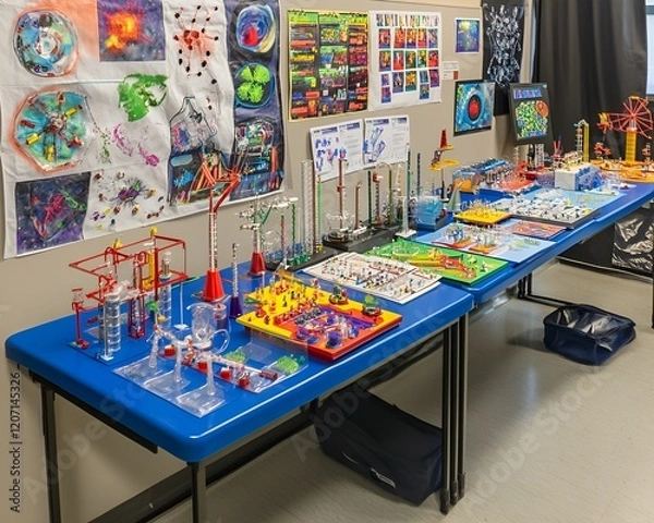 Fototapeta A school science fair display table with colorful projects and detailed models
