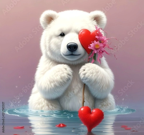 Fototapeta Illustration of fluffy bear with red heart.