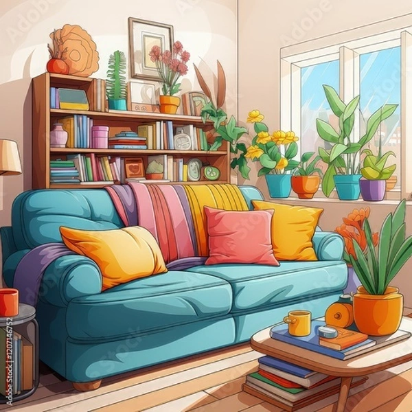 Fototapeta Cozy Room Depicted in a Simple Coloring Book Style Illustration