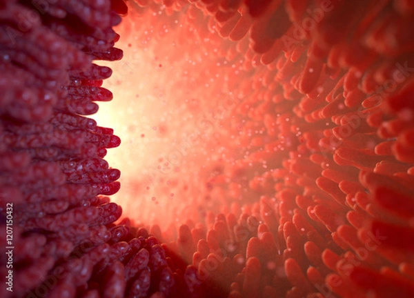 Fototapeta Gut microbiota. 3D rendering of red microvilli on small intestine.