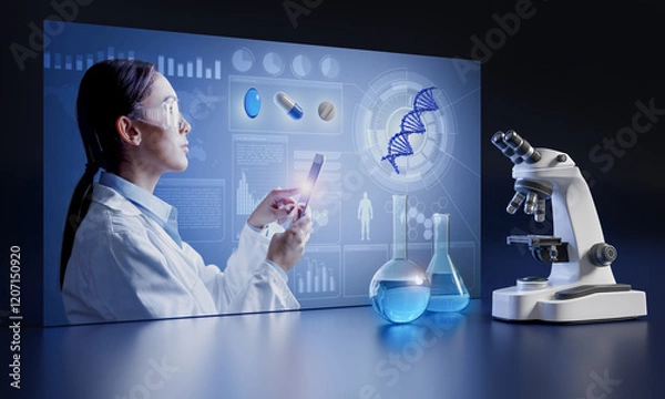 Fototapeta Science research LCD screen panel with microscope and chemical glassware. DNA engineering and pharmaceutical research.