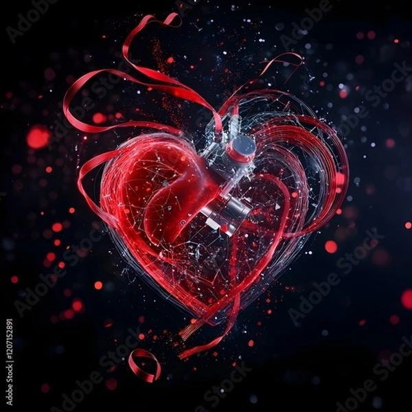 Fototapeta Interconnected Medical Devices Forming a Vibrant Heart with Flowing Red Ribbons and Particles Effect on Dark Background