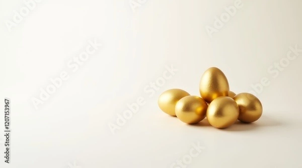Fototapeta Pile of shiny golden eggs on white background. Minimalist luxury Easter or wealth concept with copy space