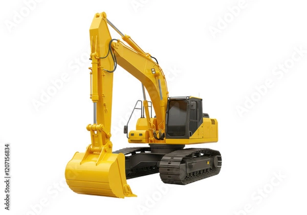 Fototapeta A yellow industrial excavator with visible details like tracks and boom, isolated on a white background