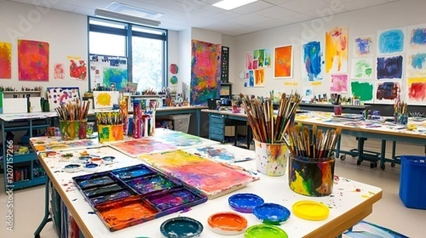 Fototapeta A vibrant art classroom with colorful paints, brushes, and creative student projects