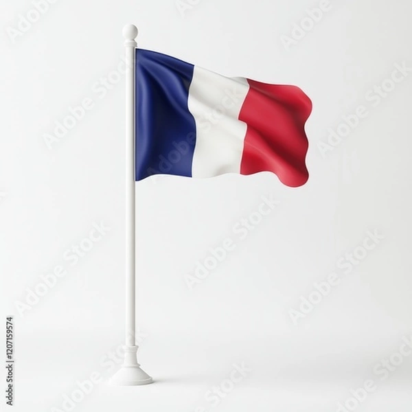 Fototapeta French flag waving on white background with elegant pole simple design minimalistic illustration