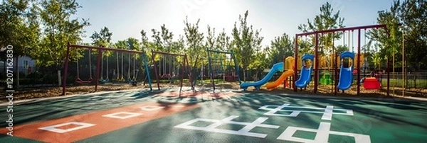 Fototapeta A vibrant playground with hopscotch markings, swings, and colorful slides under sunlight