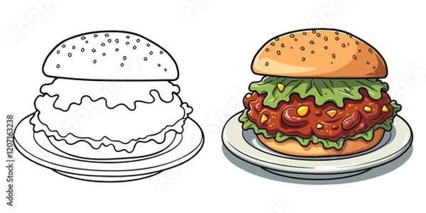 Fototapeta Sloppy Joe and Burger Line Art Vector Illustration Black and White with Coloring Sample. Bold and Easy Food, Fruits, Sweets, Drinks, Dessert, and Snacks Coloring Pages for Adults and Kids