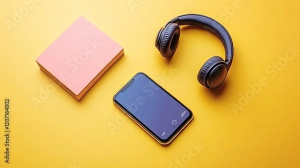 Fototapeta A subscription music streaming app interface displayed on a smartphone with headphones