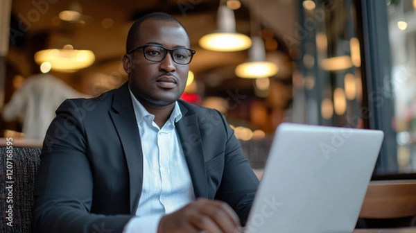 Fototapeta A venture capitalist reviewing investment opportunities on a laptop in a cafe