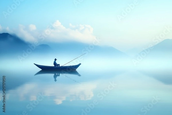 Obraz Calm morning fishing on a tranquil lake with misty mountains in the background