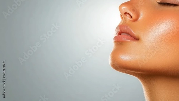 Fototapeta Photograph of a woman showcasing her smooth, hairless armpit against a grey background. This is a portrait shot, conveying a beauty concept. 