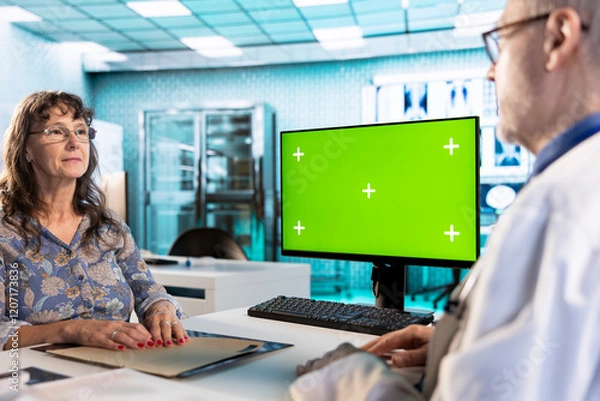 Fototapeta Senior physician consulting old lady next to mockup display in the cabinet, discussing about medicine and a treatment plan for wellness. Experienced medic gives advice and support to his patient.