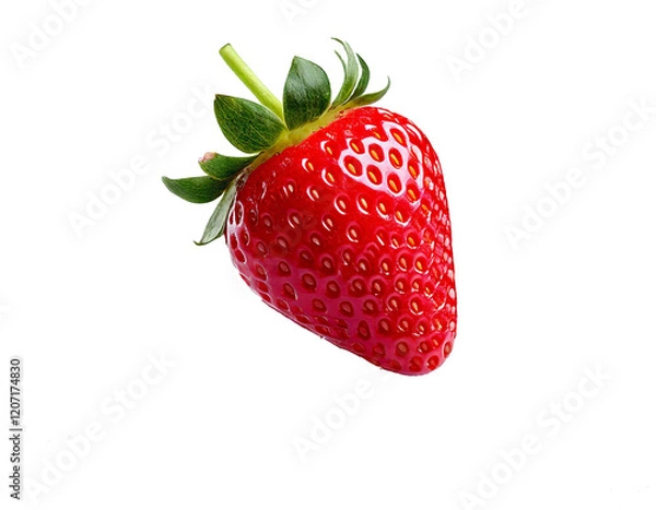 Fototapeta Transparent PNG format, single red strawberry with seeds, green calyx, realistic style, high resolution, isolated, clean edges, no background, vivid colors, natural texture, fresh appearance.

