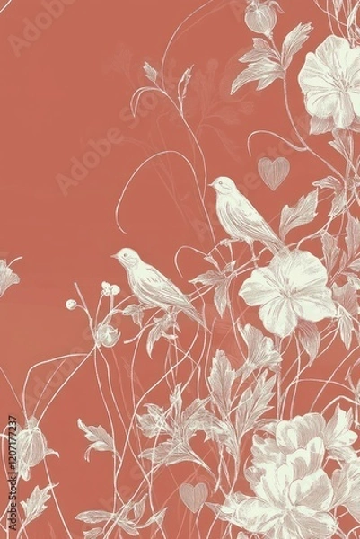 Fototapeta Hand-Drawn Art of Birds and Flowers with Coral Background Celebrating the Essence of Chinese New Year and the Symbolism of Good Fortune
