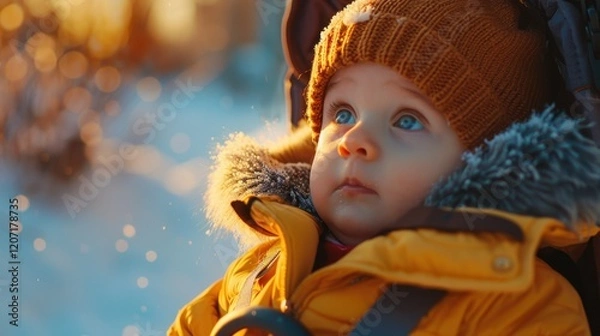 Fototapeta First Outing: A baby’s first time outdoors, snug in a stroller or carrier, ready for their first taste of the world, safe and cozy in every moment.