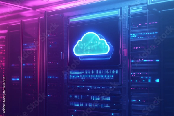 Fototapeta Icon cloud in server room, Abstract concept of cloud computing, symbolizing the connection technology.