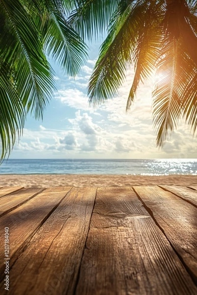 Obraz Tropical Beach Scene with Wooden Deck Peaceful Ocean View Summer Vacation Paradise