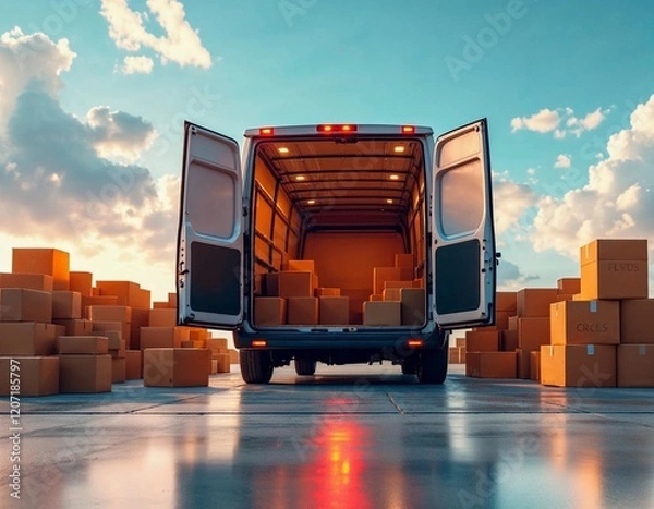 Obraz A delivery van with open doors, revealing stacks of cardboard boxes under a beautiful cloudy sky