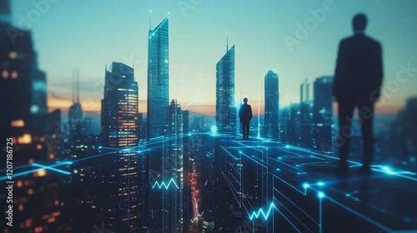 Fototapeta abstract professional business team people connection of line from nail node to node on Smart digital cityscap and skyline background , Innovation networking concept