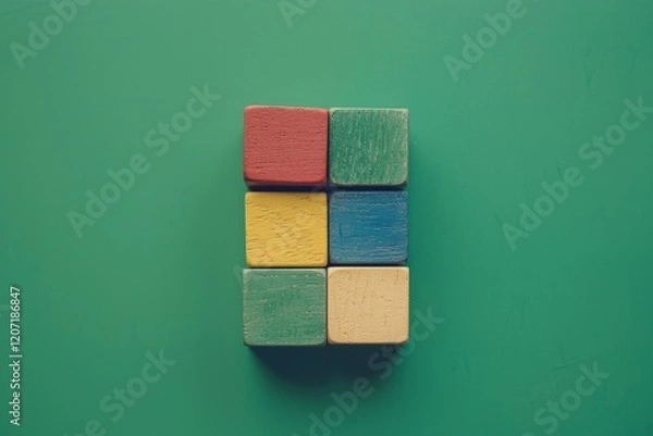 Fototapeta Colorful wooden building blocks on a green background