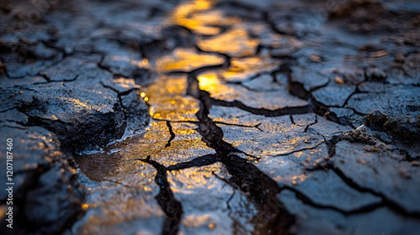 Fototapeta Photography of a cracked, dry riverbed in a barren wasteland, symbolizing the devastating effects of drought and extreme climate change.