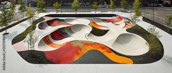 Fototapeta Colorful and modern skatepark design featuring abstract shapes and vibrant patterns surrounded by greenery