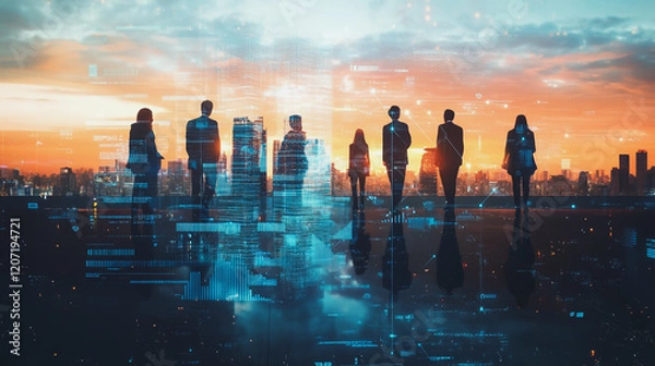 Obraz abstract professional business team people connection of line from nail node to node on Smart digital cityscap and skyline background , Innovation networking concept