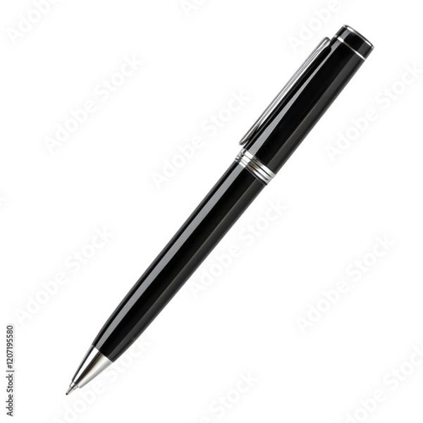 Fototapeta Classic ballpoint pen in black and silver, isolated on white background. Clean and centered.