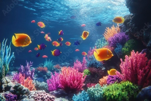 Fototapeta Playful fish swimming in an underwater scene filled with vibrant coral and dynamic water currents, creating a lively and colorful marine environment.