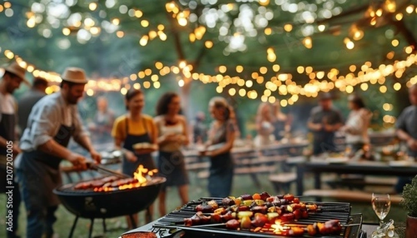 Fototapeta Labor day bbq celebration with festive atmosphere and string lights