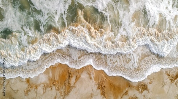 Fototapeta Aerial view of crashing ocean waves on sandy beach with foamy white surf and golden sand