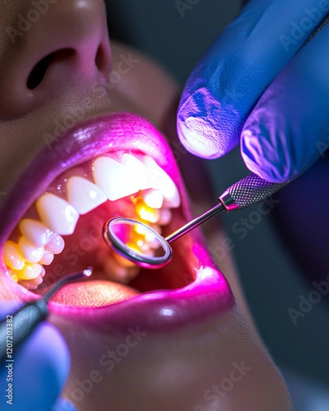 Obraz A dental professional examining a patientâ€™s teeth, with advanced dental tools and a bright clinical background,