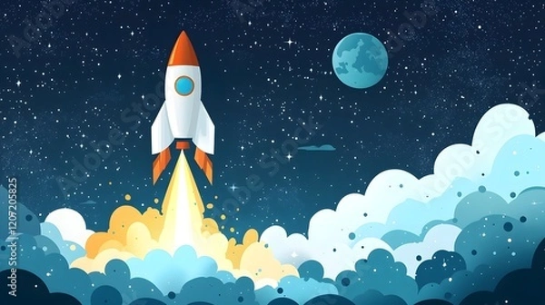 Fototapeta Rocket Soaring Into Night Sky Filled with Stars and Cloudy Moon Symbolizing Business Growth Innovation and Technological Advancement