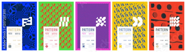 Fototapeta Сollection patterns colorful trendy poster, abstract geometric composition graphic in Y2K aesthetics, vector simple shapes print artwork modernism and minimalistic brutal style A4 format set 2