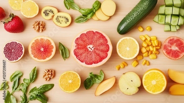 Fototapeta A vibrant array of colorful fruits and vegetables sprawls across a rustic wooden table, inviting a feast for the senses with their fresh allure.