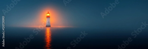 Fototapeta A tranquil night scene with a lighthouse beacon shining brightly over a calm, dark sea, evoking a sense of peace and navigation,