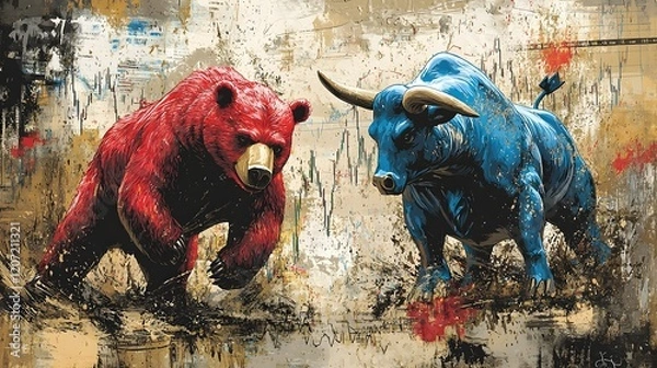 Obraz Vibrant and dynamic depicting a red bear and blue bull in an intense financial clash set against a fluctuating market chart background