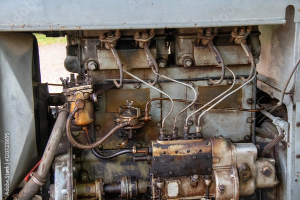 Fototapeta Moteur d'un vieux tracteur, vue de face en gros plan
