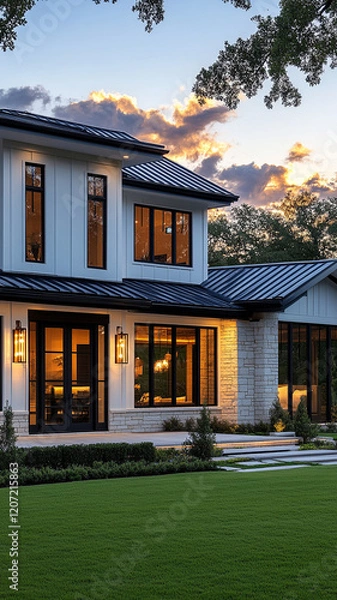 Fototapeta Modern luxury home exterior with large windows, landscaped yard, and sunset sky. elegant design features mix of stone and wood elements, creating warm atmosphere