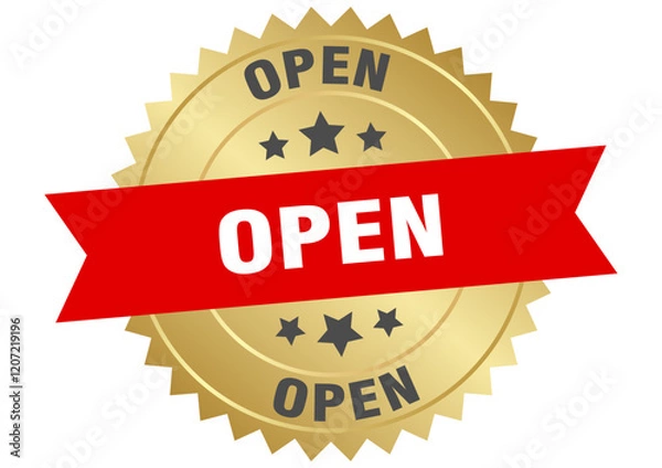 Obraz open. open round red and gold label isolated on transparent background