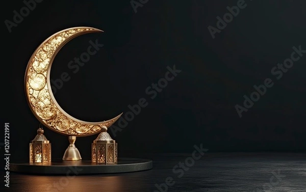 Fototapeta 3D rendering of a golden Islamic Ramadan Kareem concept with a crescent moon and lantern on a black background for a product display podium, mockup design template, copy-space. 