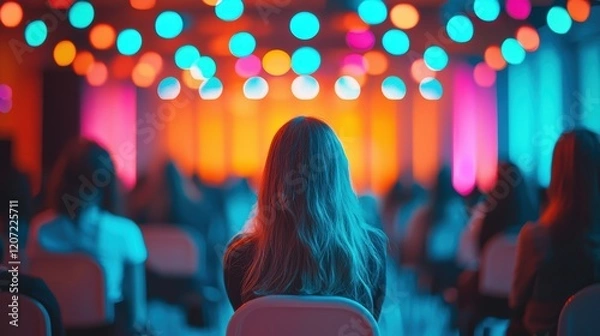Fototapeta Vibrant Conference: A woman sits amongst a crowd, bathed in the colorful glow of stage lights.  The atmosphere is energetic yet calm.