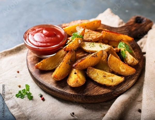 Obraz Fried potato wedges served with ketchup