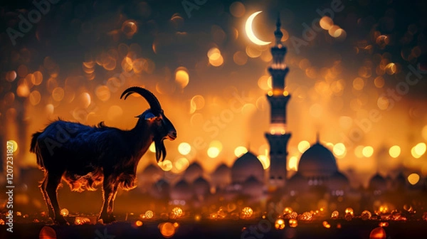 Obraz Goat silhouette in front of the mosque for eid al adha mubarak.