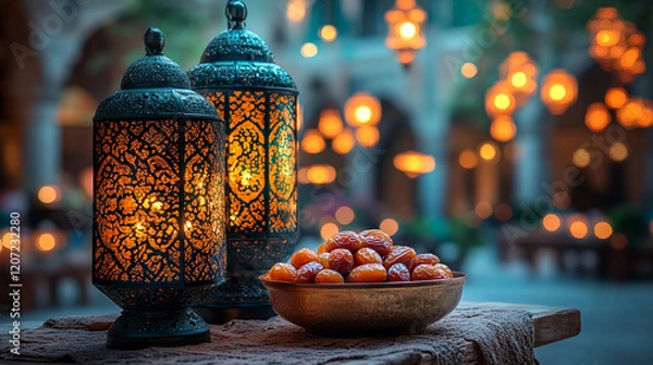 Fototapeta A bowl of dates next to an intricate lantern.