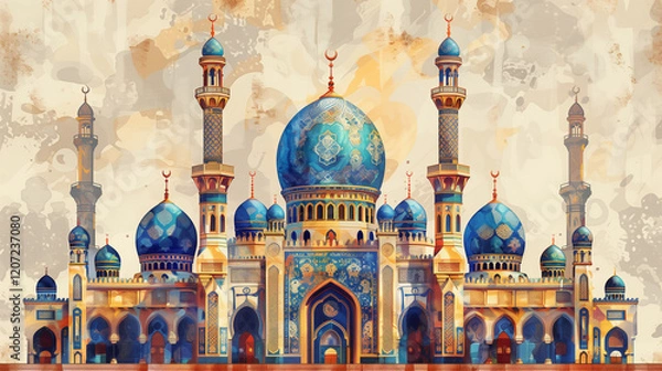 Obraz Beautiful Mosque with a blue dome. Islamic architecture mosque, islamic, architecture, blue, dome.