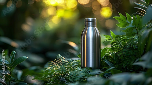 Fototapeta Close-Up of a Reusable Stainless Steel Water Bottle with a Sleek Metallic Finish and Eco-Friendly Design