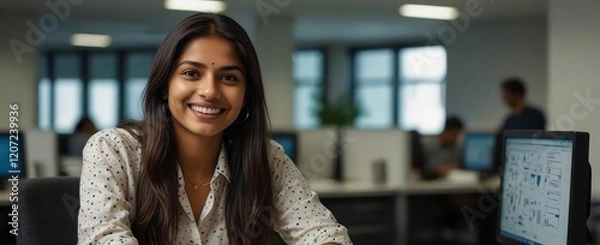 Obraz A cheerful young Indian woman in a modern office environment, smiling at the camera while working on her computer